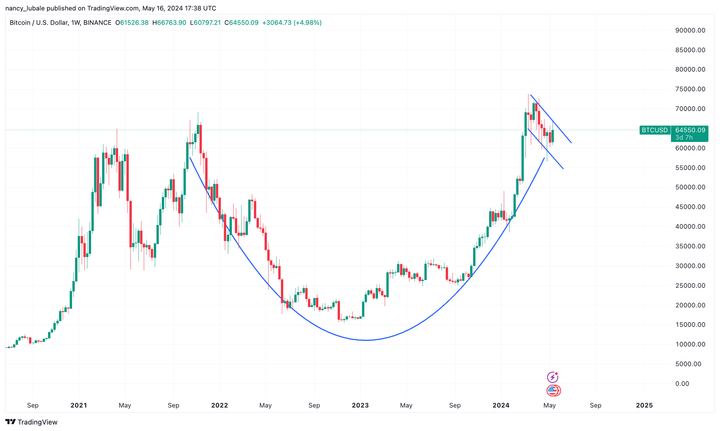 blockchain crypto cryptocurrency BTC likely to cup-and-handle higher (Spoted Crypto)