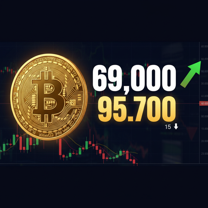 比特币价格从69,000美元指向95,700美元目标的技术分析图表，显示RSI 15极度超卖信号和关键阻力位