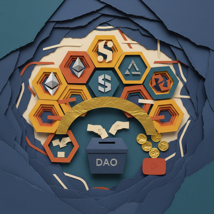 Web3 infrastructure cross-chain bridge DAO governance stablecoin payments revolution paper cut-out collage illustration