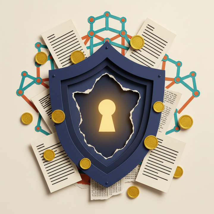 Cardano Midnight privacy blockchain security real-world asset tokenization paper-cut collage illustration shield keyhole