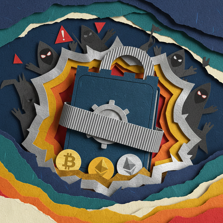 Cryptocurrency wallet security illustration showing hardware cold wallet fortress protecting Bitcoin and Ethereum from cyber threats