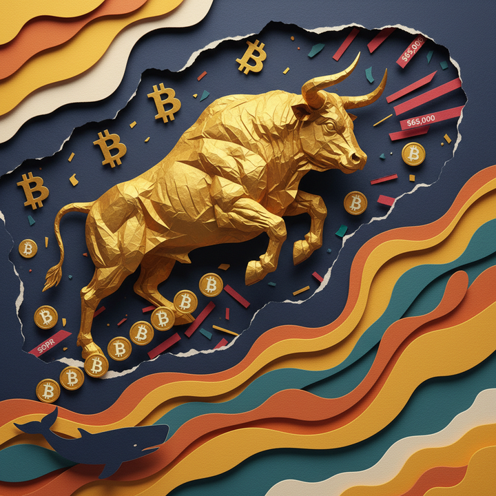Bitcoin market bottom signals illustrated through paper-cut collage showing golden bull, whale accumulation, MVRV SOPR charts