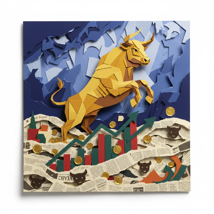 Golden bull ascending through layered declining market papers and rising recovery chart, fear index capitulation transition to institutional accumulation phase
