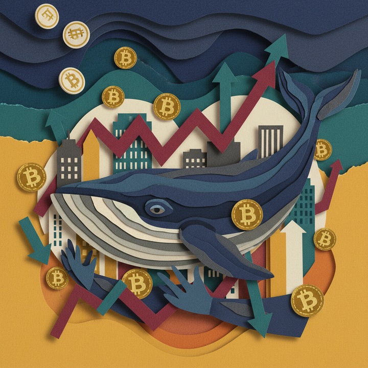 Paper-cut illustration showing whale accumulating Bitcoin while institutions flee—blue whale silhouette vs gray buildings with falling coins and rising whale symbols