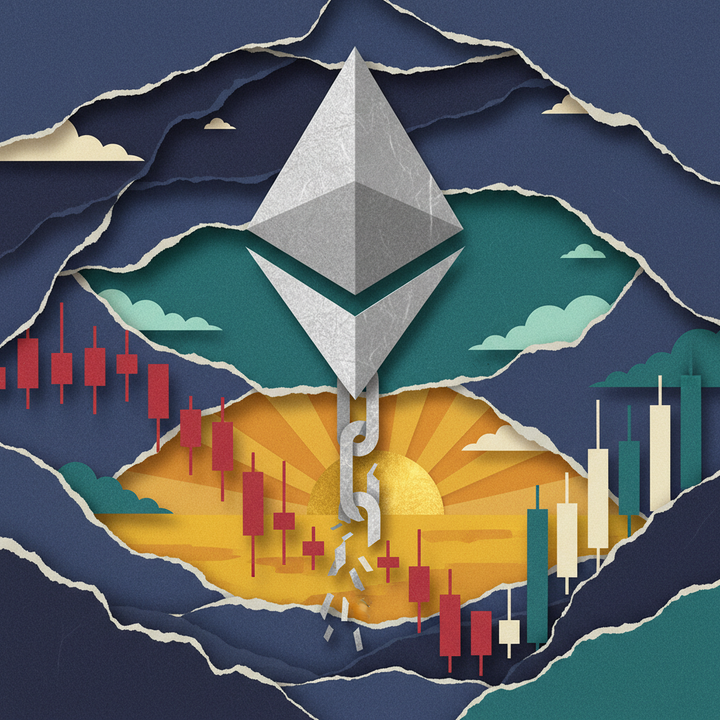Paper cut-out illustration depicting a large Ethereum logo with broken chain links, representing recent ETF outflows and downward price pressure.