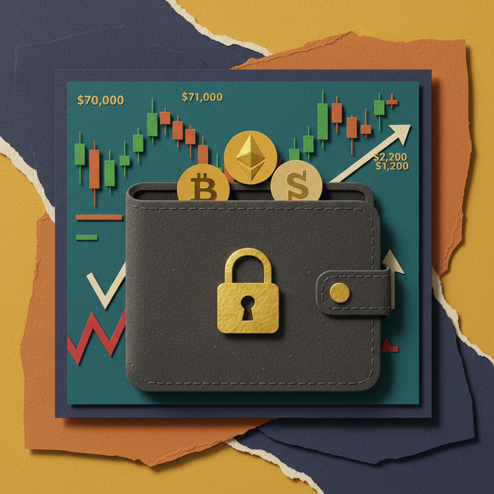 Paper cut-out collage illustrating a secure crypto wallet and exchange interface, symbolizing safe digital asset management for beginners.