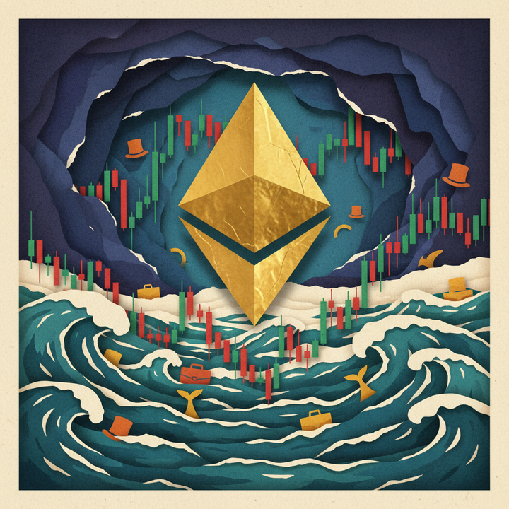 以太坊（Ethereum）$2,500价格展望与机构投资者动向的纸艺拼贴插画，展示金色的以太坊标志在波涛汹涌的市场中，伴随红绿K线图和巨鲸、机构投资者图标。