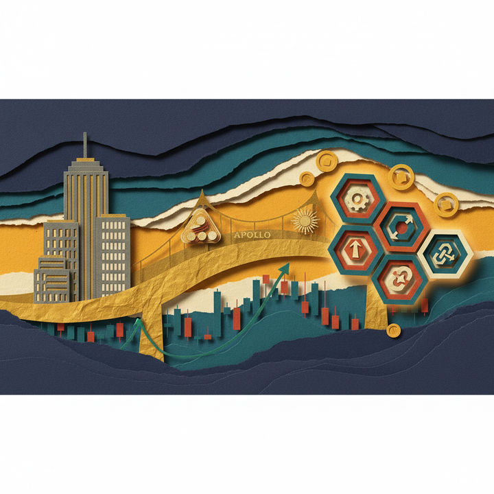 纸艺拼贴插画，一座由金色牛皮纸制成的宏伟桥梁，连接着代表传统金融的灰色摩天大楼和闪耀的DeFi协议六边形集群。桥梁中巧妙融入黑石与阿波罗的金色标志，红色与绿色纸条形成的K线图显示上升趋势。深靛蓝色撕纸背景层叠有真实阴影。色彩：芥末黄、焦橙、深青、奶油色、金色。