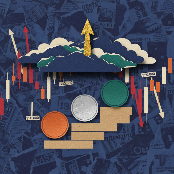 Paper cut-out collage of gold compass rising through storm clouds with three crypto coins on ascending kraft paper steps