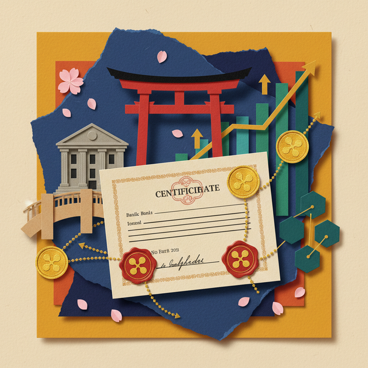 Paper cut collage of Japanese bond certificate linked to golden XRP coins with torii gate, blockchain nodes, and cherry blossoms