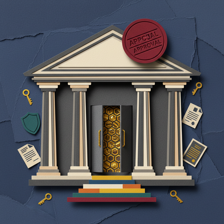 Crypto.com获美国OCC联邦加密货币托管银行牌照审批通过的银行建筑与区块链元素剪纸拼贴插画