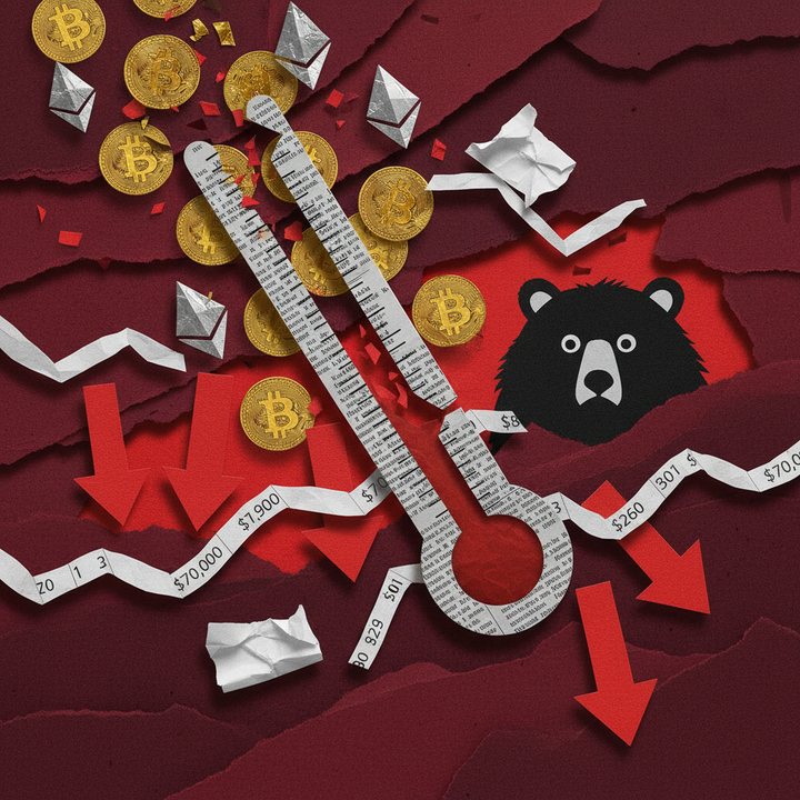 Crypto market Fear and Greed Index extreme fear Bitcoin Ethereum price crash bearish sentiment paper cut collage illustration