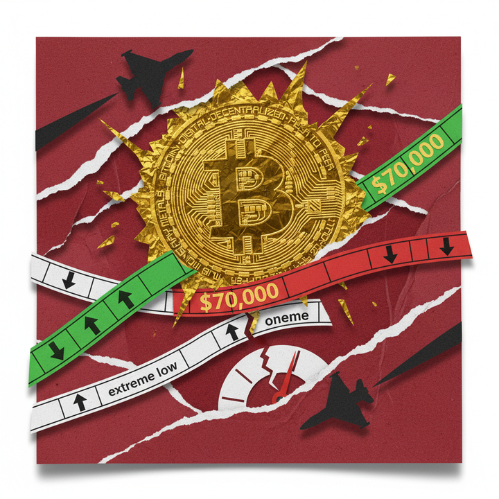 Bitcoin Iran airstrike rally extreme fear crypto market urgent briefing paper cut collage illustration