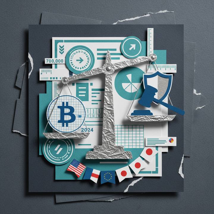 Paper cut collage illustration of a silver balance scale weighing a Bitcoin coin against a gavel and shield, surrounded by flag cutouts of the US, EU, South Korea, and Japan on a dark slate b