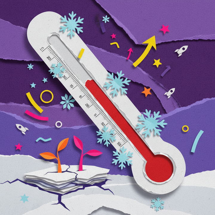 Paper cut collage illustration of a thermometer plunging into extreme fear zone with resilient green sprouts emerging, representing the crypto Fear and Greed Index at 14 with NEAR and Hyperli