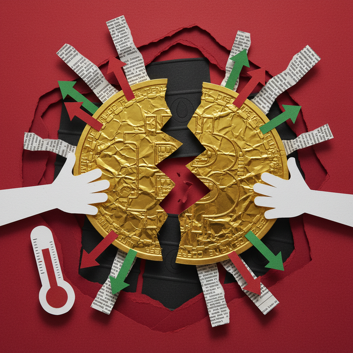 Bitcoin price crash and rebound illustration with Fear and Greed Index at extreme fear level, showing cracked golden Bitcoin coin, fear thermometer, oil barrels, and market ticker arrows in p
