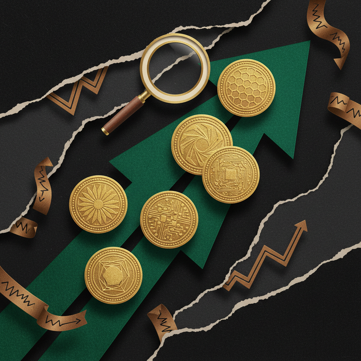 Paper cut-out collage of five golden coins with green arrow and chart patterns representing top altcoin picks during extreme market fear