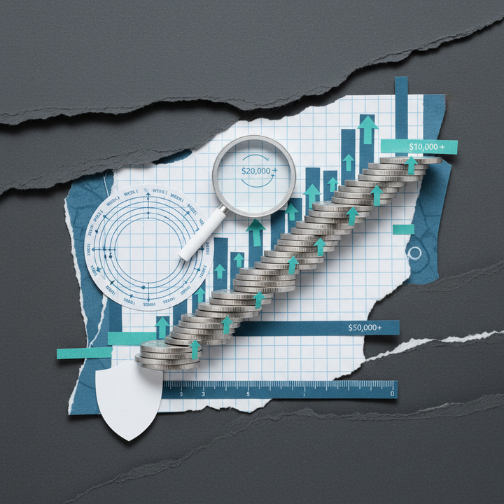 Crypto DCA dollar cost averaging strategy with ascending coin staircase chart and calendar wheel paper cut collage illustration