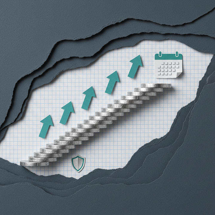 Paper cut-out collage illustration of ascending coin staircase on graph paper representing crypto DCA dollar cost averaging investment strategy and steady portfolio growth