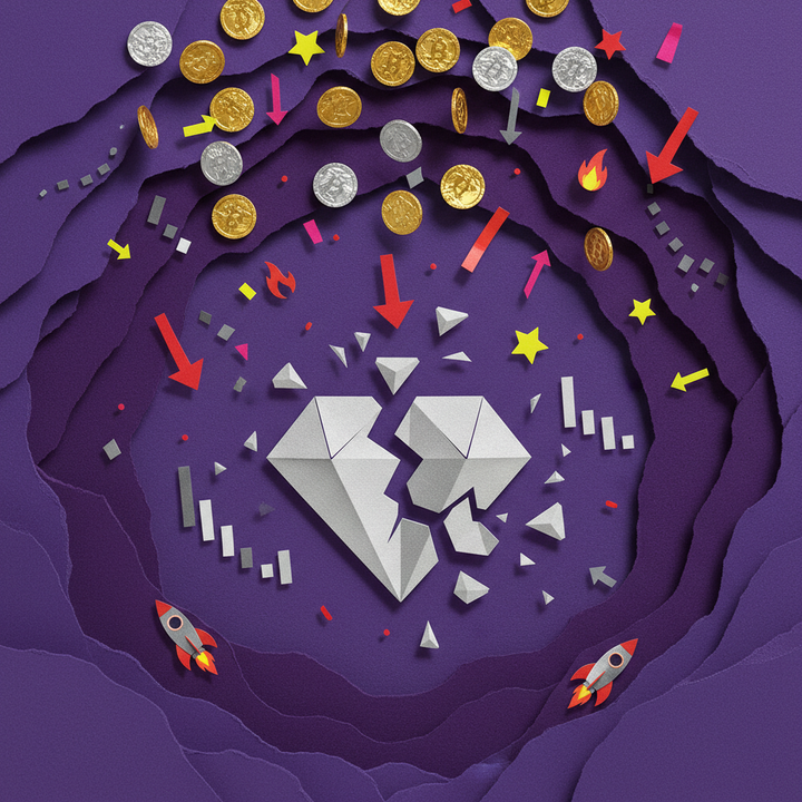 Paper cut collage illustration depicting altcoins falling near all-time lows in a market downturn surpassing the FTX collapse