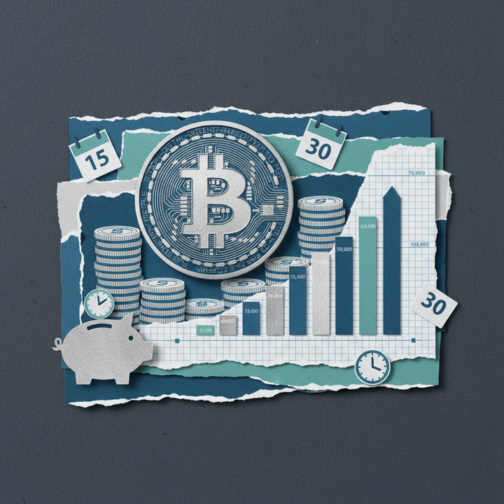 암호화폐 적립식 투자 DCA 전략을 상징하는 비트코인 코인과 성장 차트 페이퍼컷 콜라주 일러스트레이션