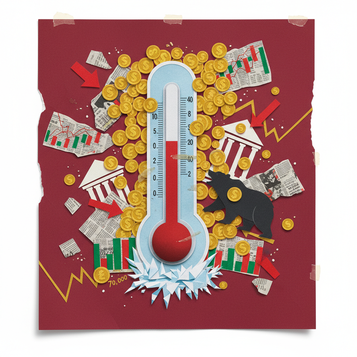 공포탐욕지수 극단적 공포를 상징하는 하락 온도계와 비트코인 페이퍼컷 콜라주 일러스트