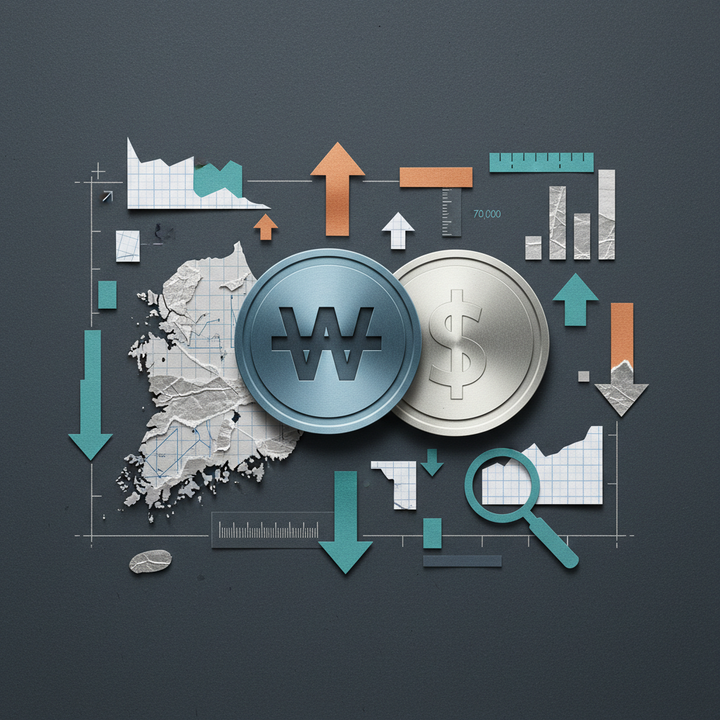 김치 프리미엄 개념을 표현한 원화와 달러 코인 비교 일러스트레이션