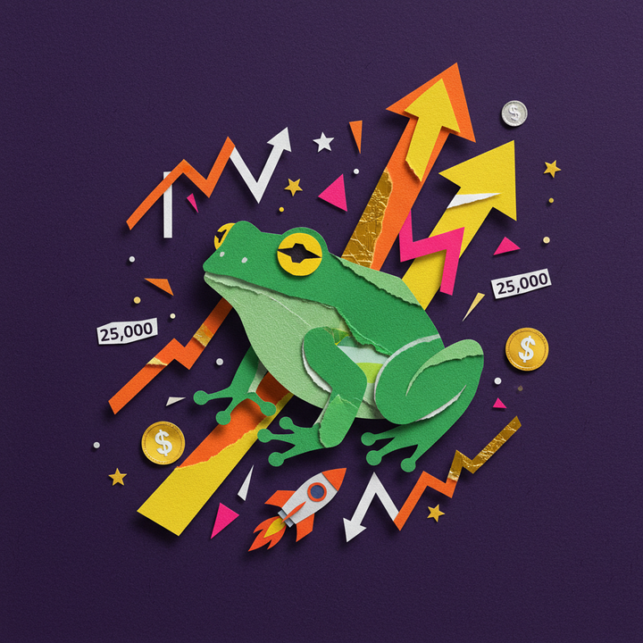 PEPE 밈코인 급등을 상징하는 개구리와 상승 화살표 페이퍼컷 콜라주 일러스트레이션