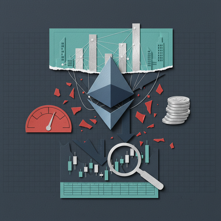 이더리움 ETH 가격 하락과 온체인 활동 상승을 표현한 페이퍼컷 콜라주 일러스트레이션
