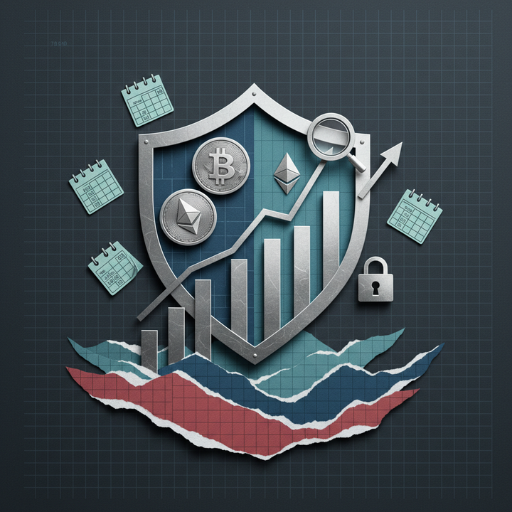 크립토 하락장 생존 가이드 일러스트: DCA 적립식 투자, 스테이킹 수익, 보안 전략을 상징하는 페이퍼컷 콜라주