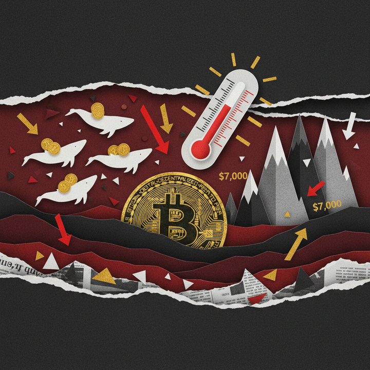 공포탐욕지수 극단적 공포 구간에서 고래 매집을 상징하는 페이퍼컷 콜라주 일러스트레이션