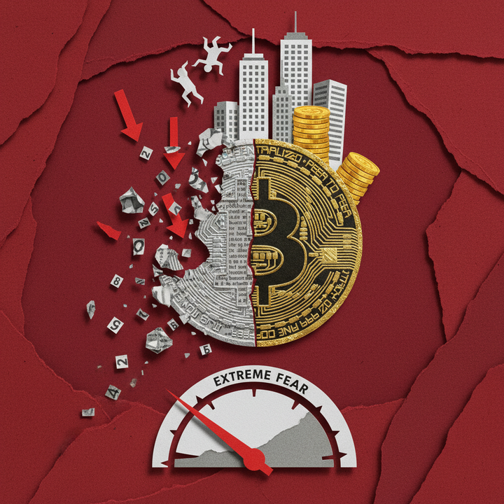 비트코인 기관 매수 vs 리테일 청산 양극화를 표현한 페이퍼컷 콜라주 일러스트레이션