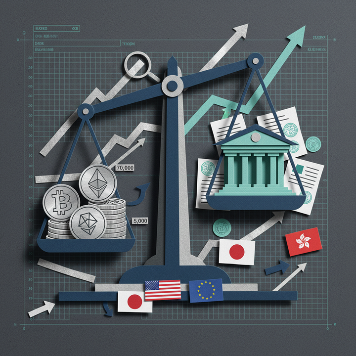 SEC CFTC 암호화폐 규제 분류 체계와 글로벌 규제 변화를 상징하는 저울과 각국 국기 일러스트